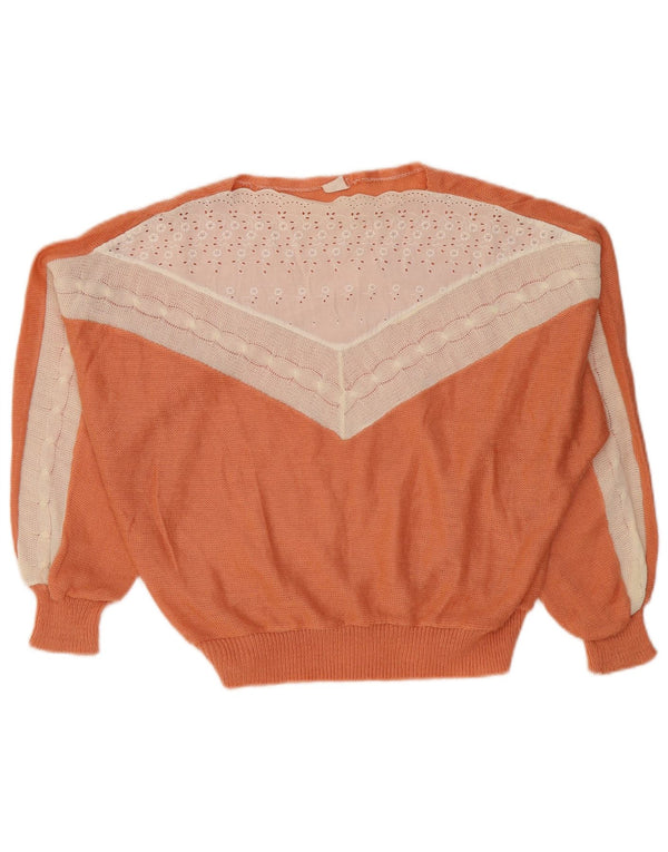 Pulover VINTAGE pentru femei cu gât de barcă UK 14 Medium Orange Colorblock
