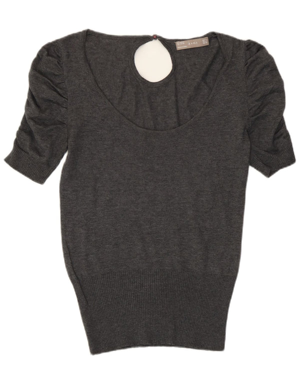 Pulover pentru femeie Zara cu mânecă scurtă, cu gât de barcă, UK 14, gri mediu acrilic