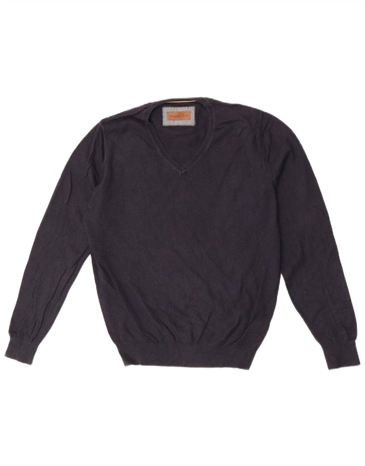 Pulover Massimo Dutti pentru bărbați, cu decolteu în V, bumbac mediu albastru bleumarin