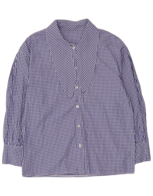 Bluză de cămașă vintage pentru femei cu mâneci 3/4 cu cravată în față UK 14 Medium Blue Gingham
