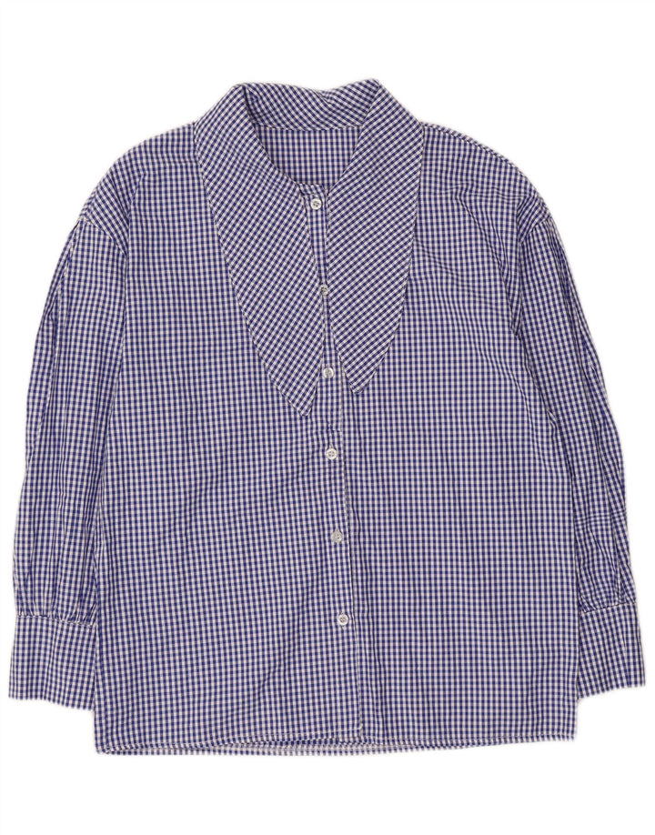 Bluză de cămașă vintage pentru femei cu mâneci 3/4 cu cravată în față UK 14 Medium Blue Gingham