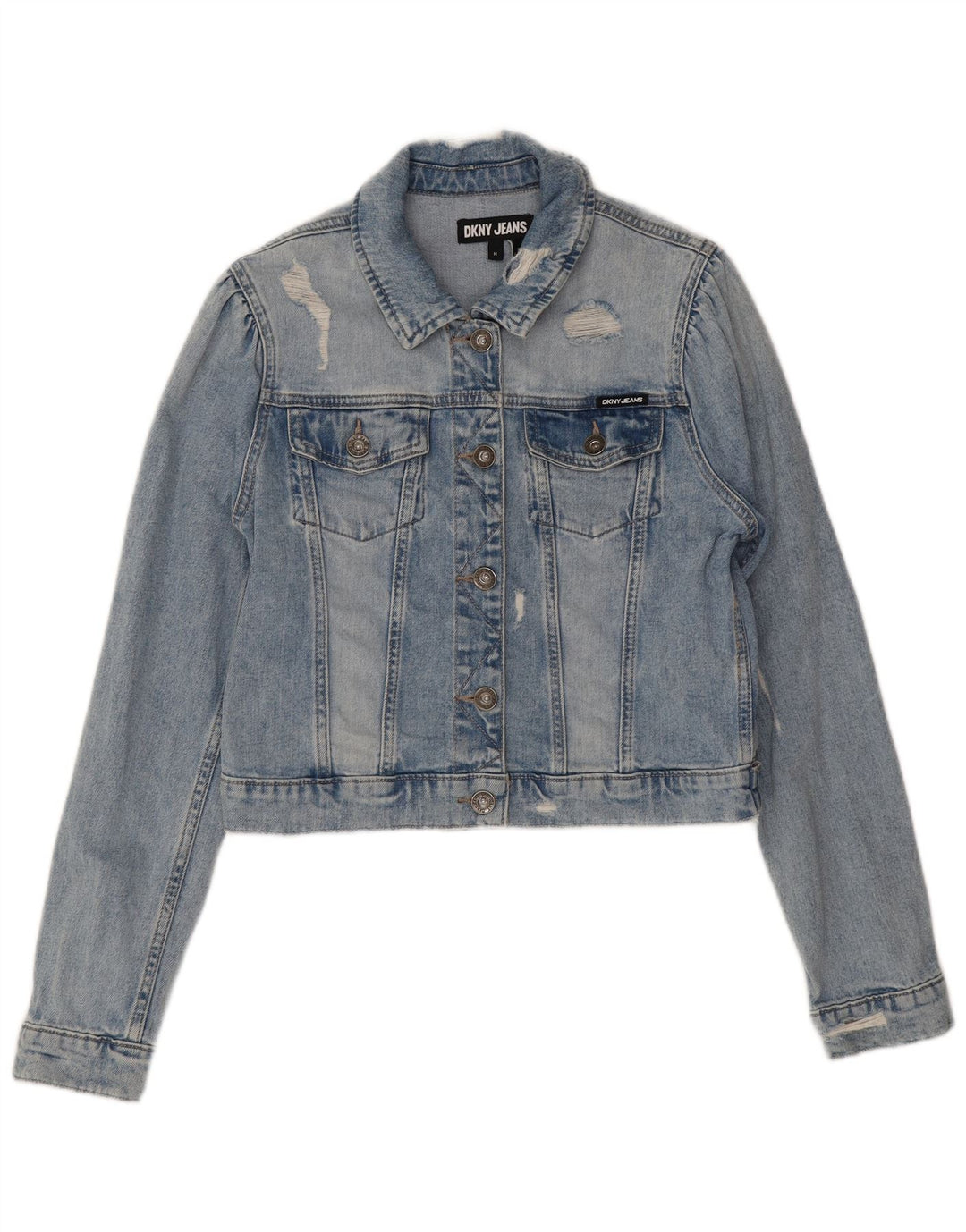 Jachetă Dkny pentru femei Crop Distressed Denim UK 14 Bumbac albastru mediu