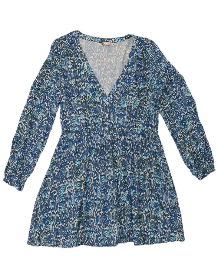 ZARA Rochie A-Line cu mânecă lungă pentru femei UK 10 Small Blue Ikat Viscose