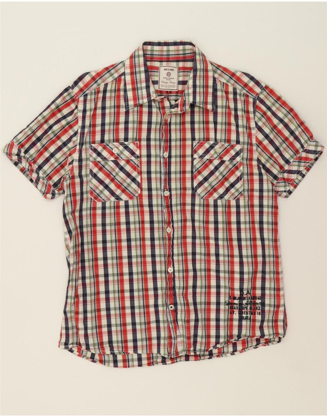 JACK & JONES Mens Graphic Short Sleeve Shirt Large Multicoloured Check Vintage Jack & Jones and Second-Hand Jack & Jones from Messina Hembry 