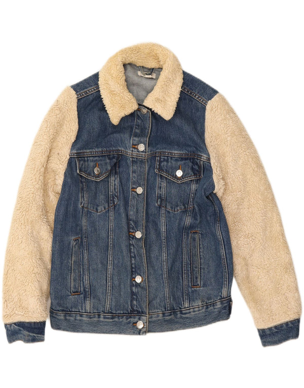 Jachetă de denim cu blană artificială Topshop pentru femei, cu tăiere lentă, UK 6 XS, albastru, bloc de culoare
