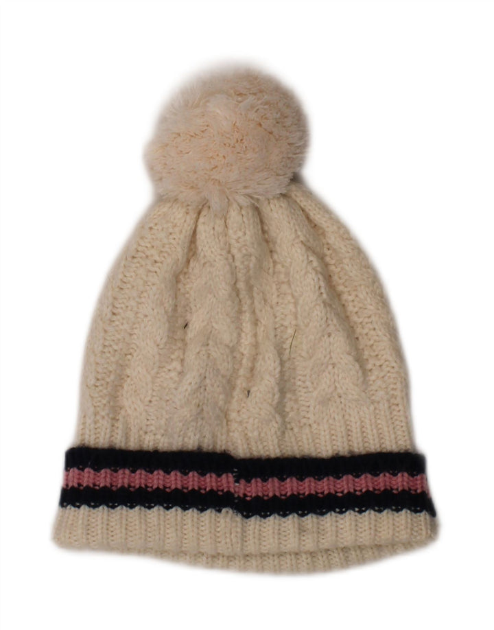 JACK WILLS Womens Graphic Bobble Hat One Size Off White Striped Winter