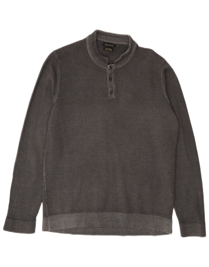 MASSIMO DUTTI Pulover pentru bărbați cu gât cu nasturi, 2XL, lână merinos gri