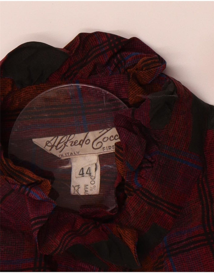 Bluză de cămașă cu volane în față pentru femei Vintage IT 44 Mătase cu carouri maro mediu