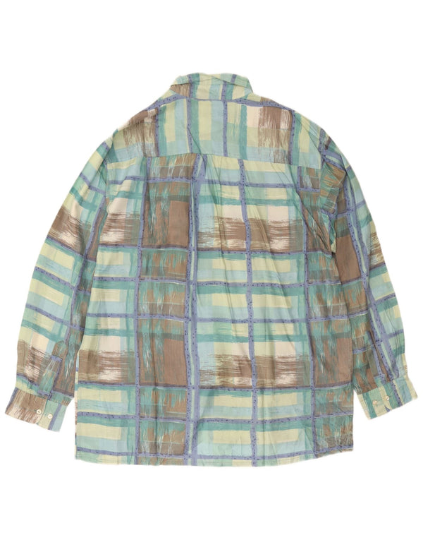 Cămașă Vintage pentru bărbați XL, mătase verde cu carouri