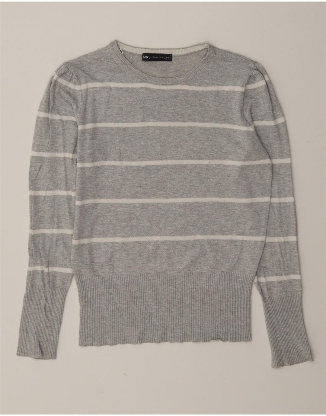 Pulover pentru femei Marks & Spencer cu decolteu triplu UK 8 mic, gri cu dungi