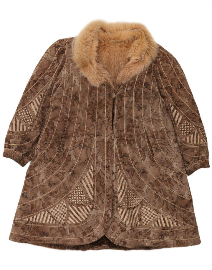 VINTAGE pardesiu reversibil pentru femei din blană artificială UK 18 XL maro floral