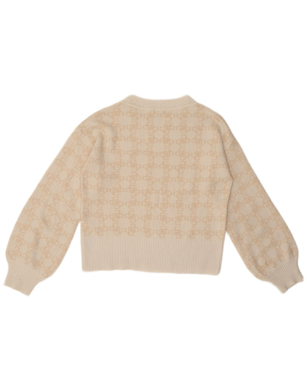 Pulover Guess pentru fete, cu model abstract, cu decolteu, 13-14 ani, bej