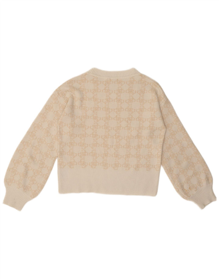 Pulover Guess pentru fete, cu model abstract, cu decolteu, 13-14 ani, bej