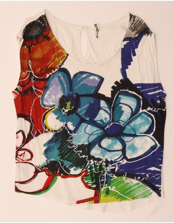 Desigual Womens Graphic Vest Top UK 18 XL Bumbac Floral Alb