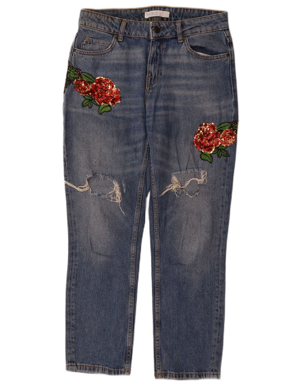 Blugi drepți învechiți pentru femei Zara EU 36 XS W26 L29 Bumbac floral albastru