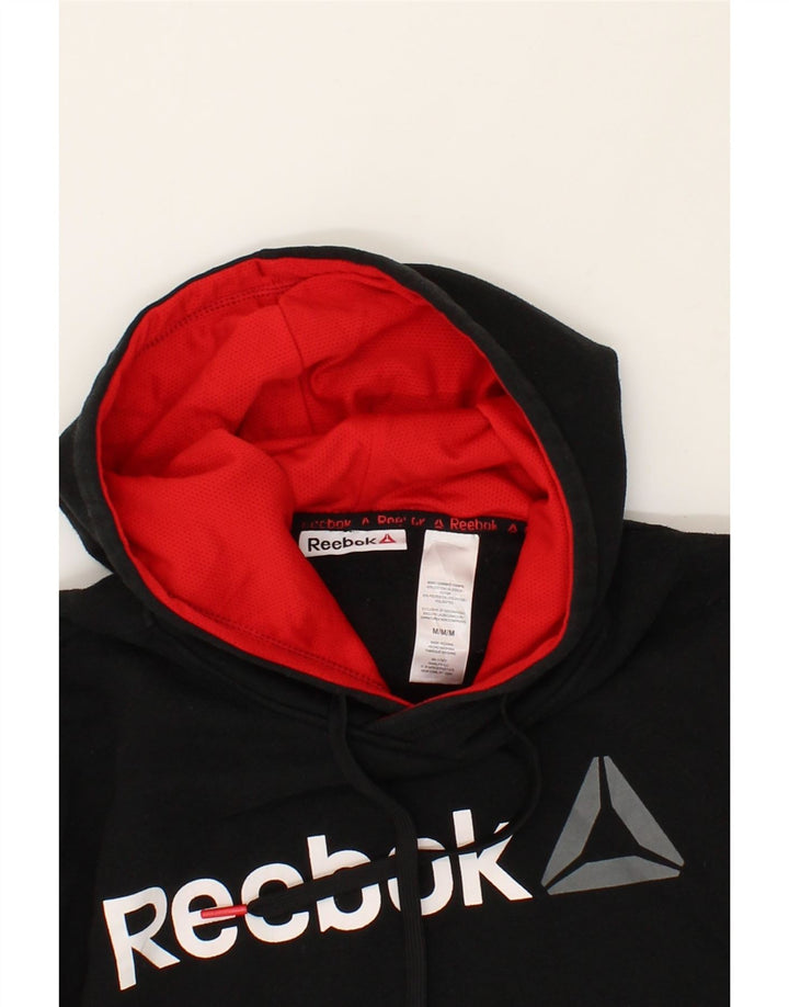 REEBOK Mens Graphic Hoodie Jumper Medium Black Cotton Vintage Reebok and Second-Hand Reebok from Messina Hembry 