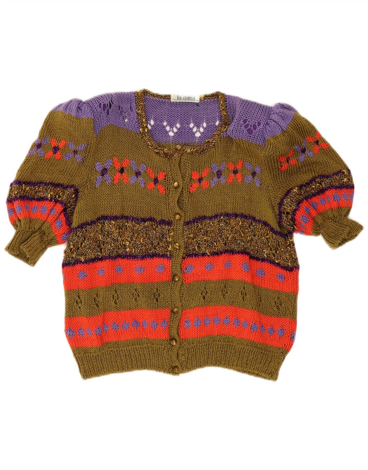 Cardigan vintage cu mânecă scurtă pentru femei UK 14 Medium Khaki Colorblock