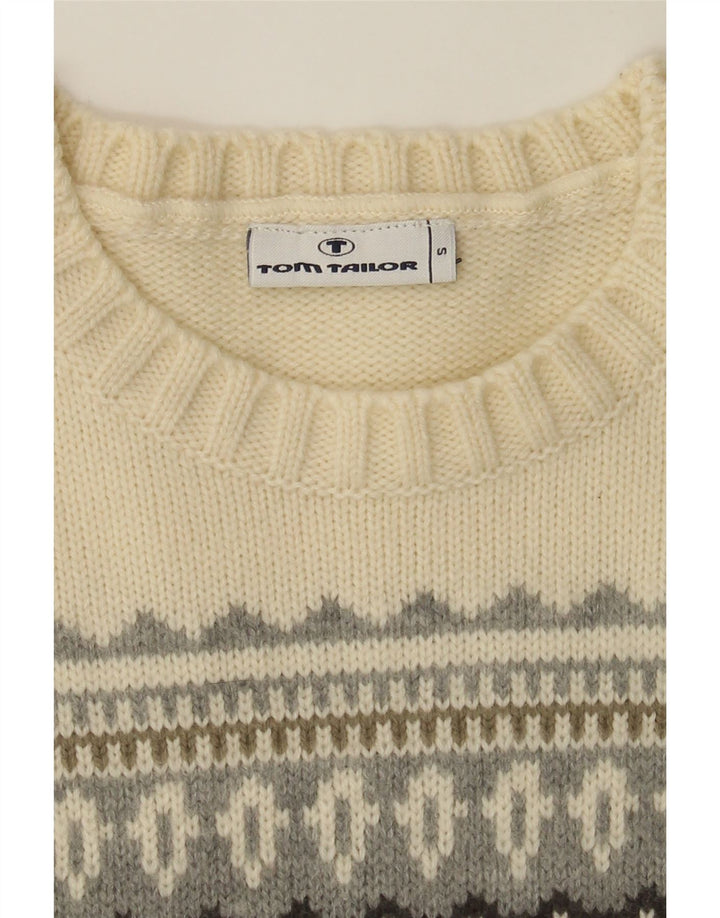 TOM TAILOR Mens Boat Neck Jumper Sweater Small Off White Fair Isle Vintage Tom Tailor and Second-Hand Tom Tailor from Messina Hembry 