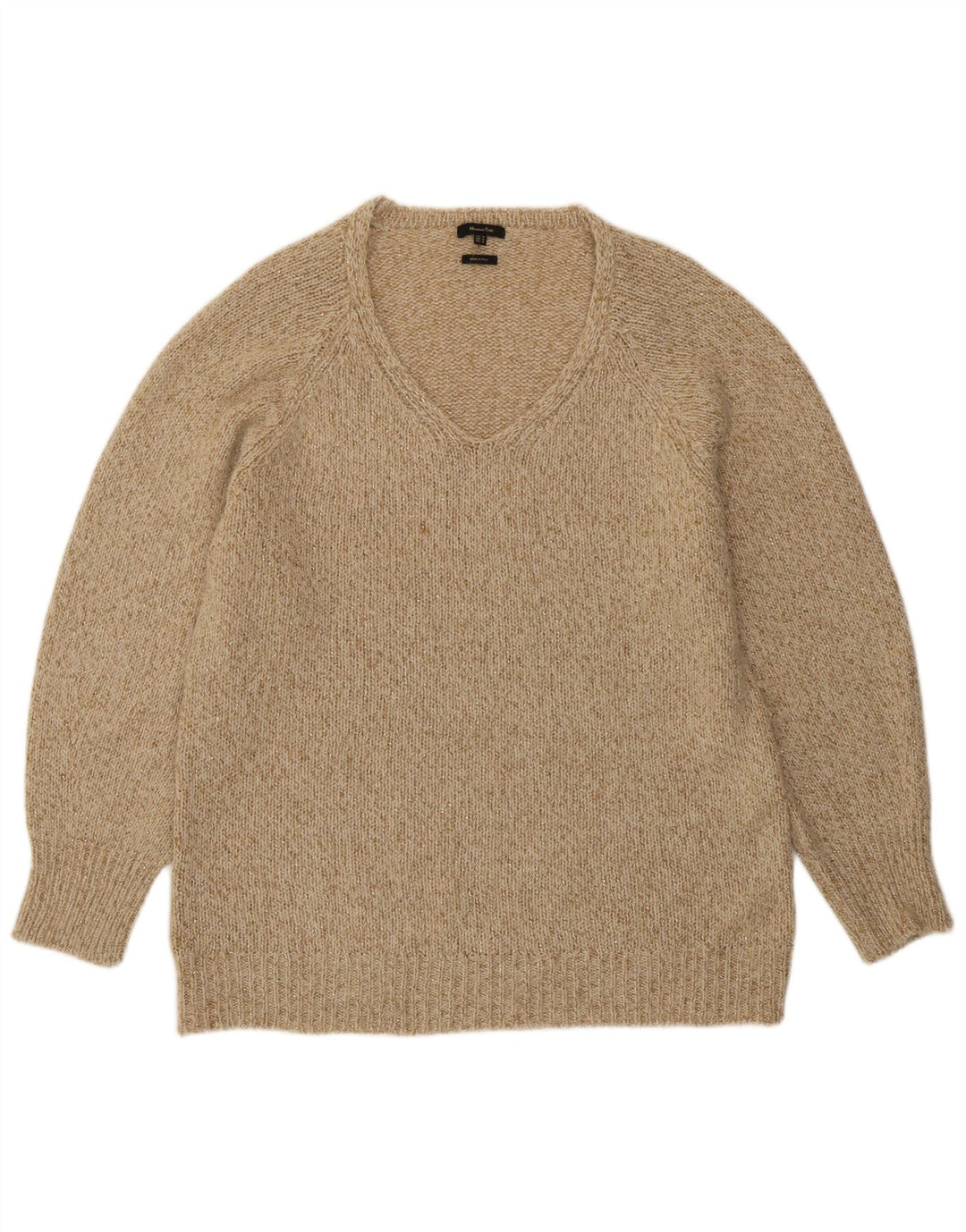 Pulover pentru femei Massimo Dutti cu decolteu în V UK 14 Medium Bej Lână cu pete