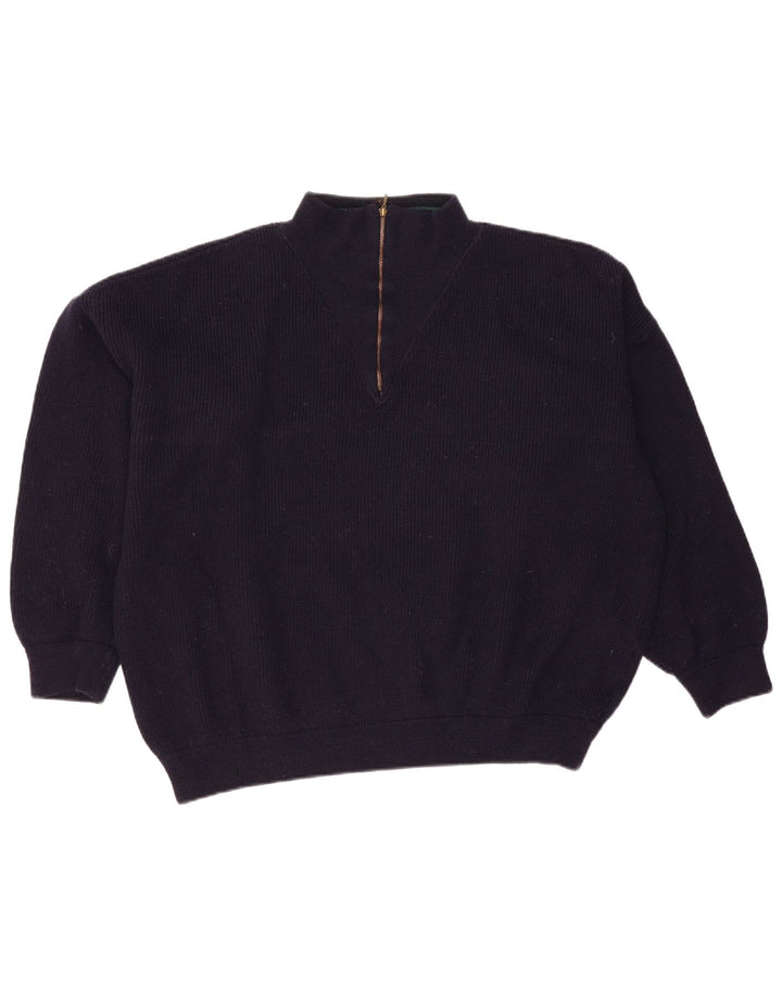 Pulover vintage pentru femei, cu fermoar supradimensionat, cu gât, UK 16, mare, lână bleumarin