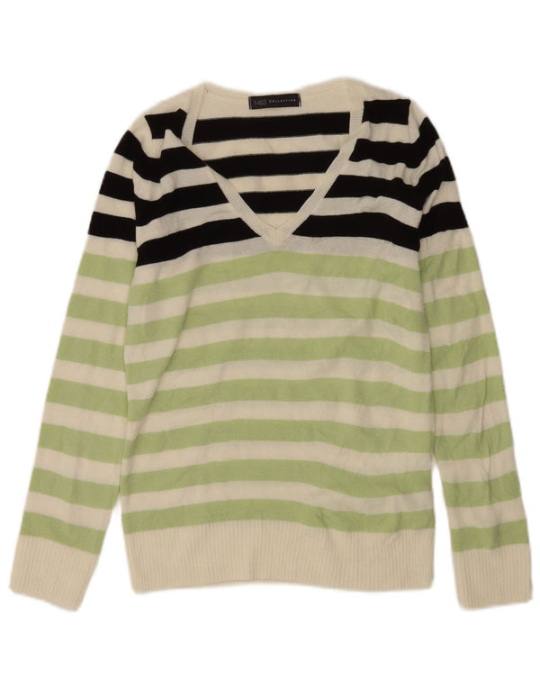 Marks & Spencer Womens V-Neck Jumper Sweater UK 8 Small Green Striped