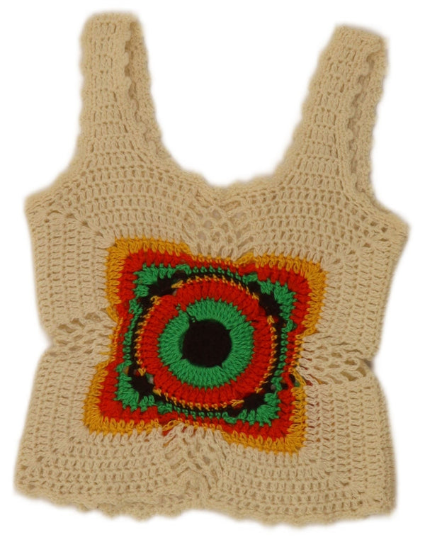 Crop Top fără mâneci din croșetat vintage pentru femei UK 4 XS alb negru geometric