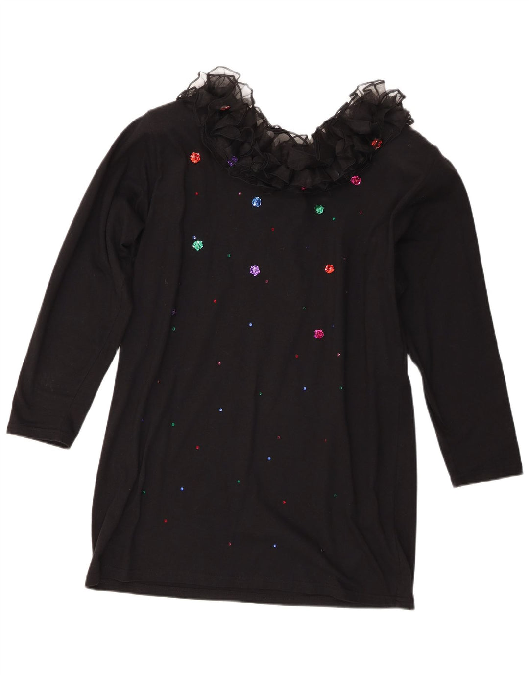 Top cu tunică cu mânecă lungă cu volan în față pentru femei vintage UK 16, bumbac negru mare