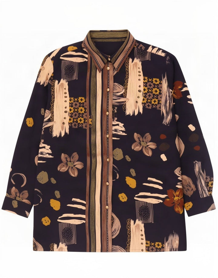 Bluză de cămașă cu model abstract pentru femei vintage UK 20 2XL poliester bleumarin