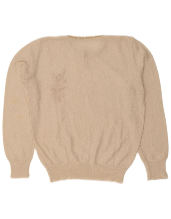 Pulover vintage pentru femei cu decolteu rotund IT 50 XL, alb, cu flori