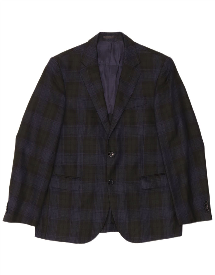 Blazer Vintage pentru bărbați, cu 2 nasturi, cu carouri medii bleumarin