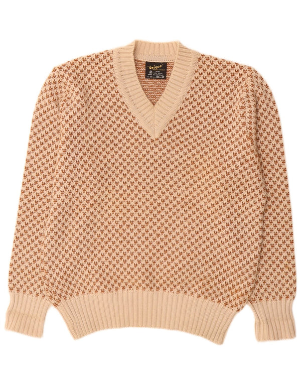 Pulover vintage pentru bărbați cu decolteu în V UK 40 Medium Bej Geometric Lână nouă