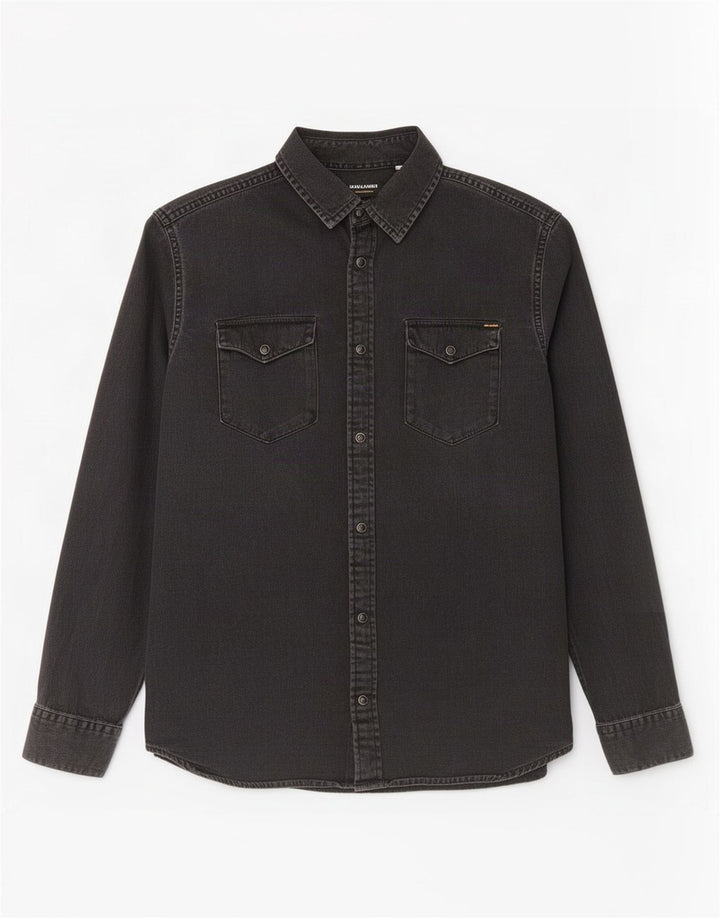 Cămașă Jack & Jones bărbătească din denim mare din bumbac negru