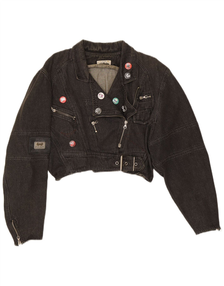 Jachetă de motociclist de denim oversize pentru femei vintage UK 14 bumbac mediu negru