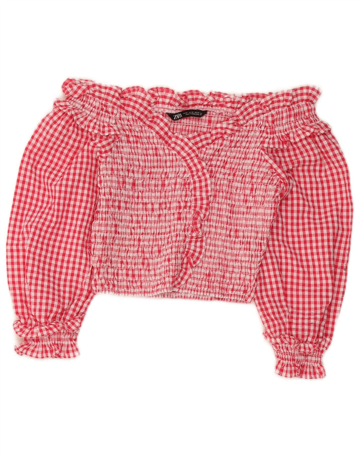 Top pentru femei Zara Crop cu mâneci 3/4 cu umăr dezactivat UK 4 XS poliester roșu vichy