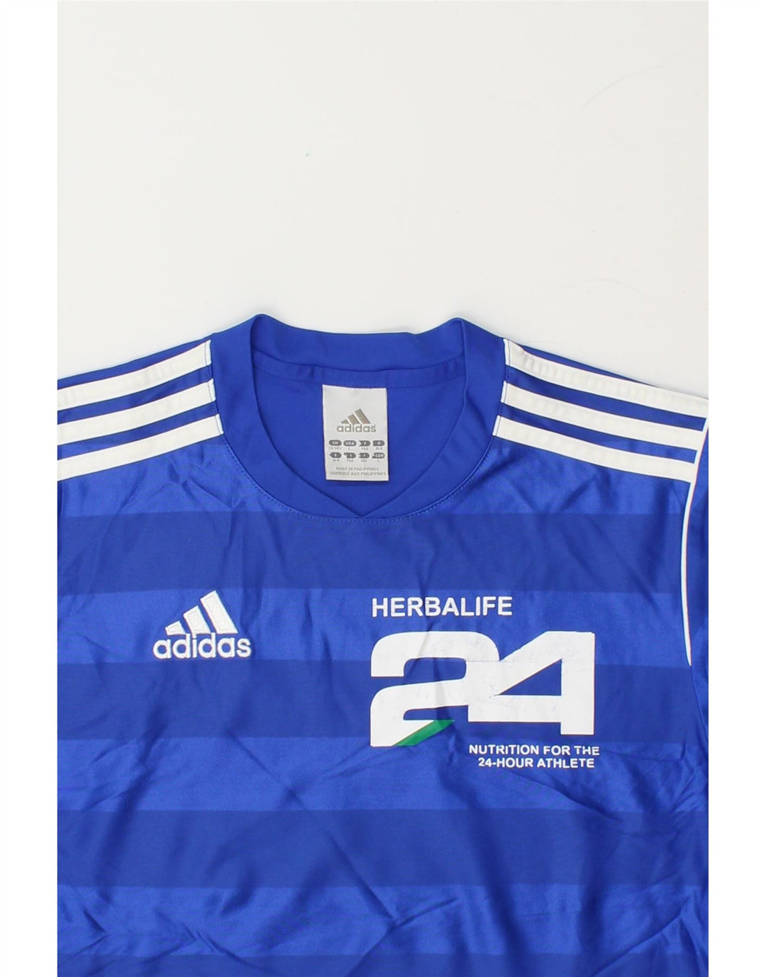 ADIDAS Boys Graphic T-Shirt Top 13-14 Years Blue Striped Polyester Vintage Adidas and Second-Hand Adidas from Messina Hembry 