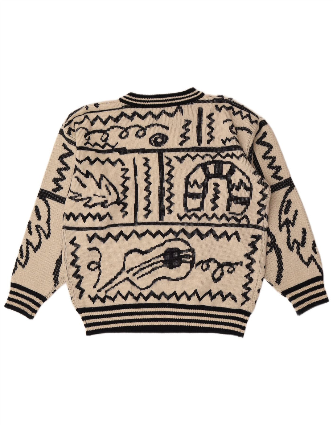 Pulover vintage pentru bărbați, cu model abstract, cu gât roșu, mare, bej