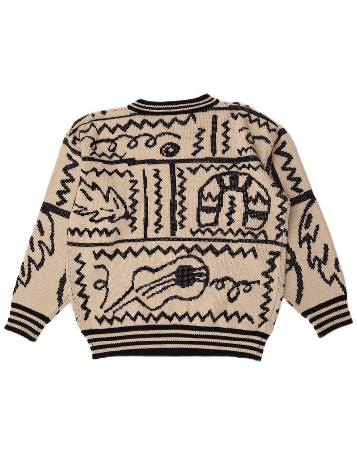 Pulover vintage pentru bărbați, cu model abstract, cu gât roșu, mare, bej