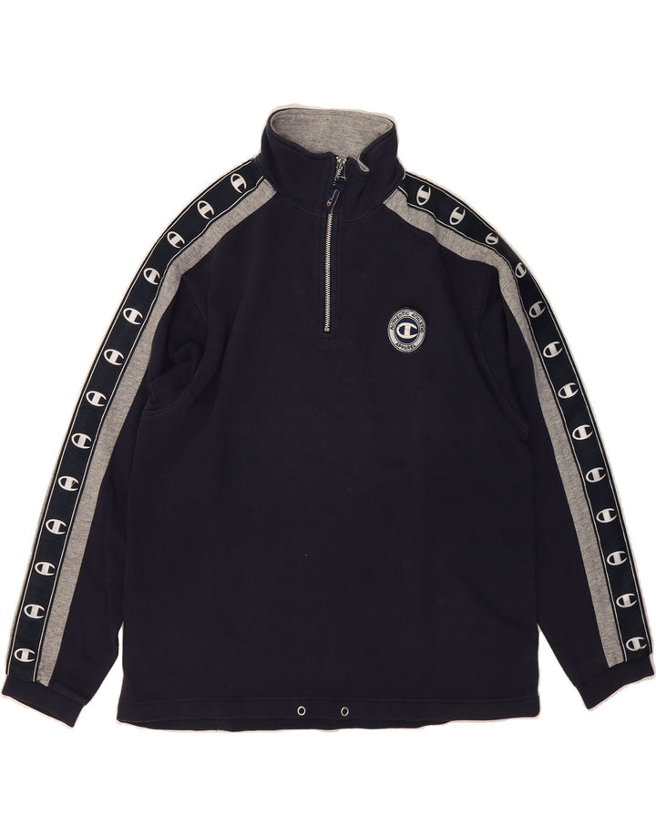 CHAMPION Mens Zip Neck Sweatshirt Jumper Medium Navy Blue Colourblock Vintage Champion and Second-Hand Champion from Messina Hembry 