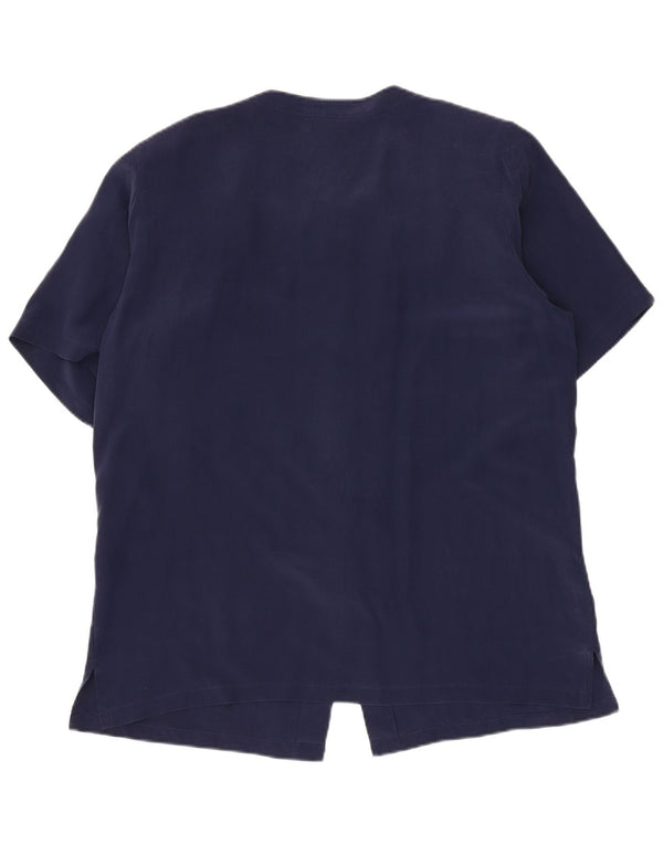Bluză cămașă vintage pentru femei cu mânecă scurtă IT 48 XL mătase bleumarin