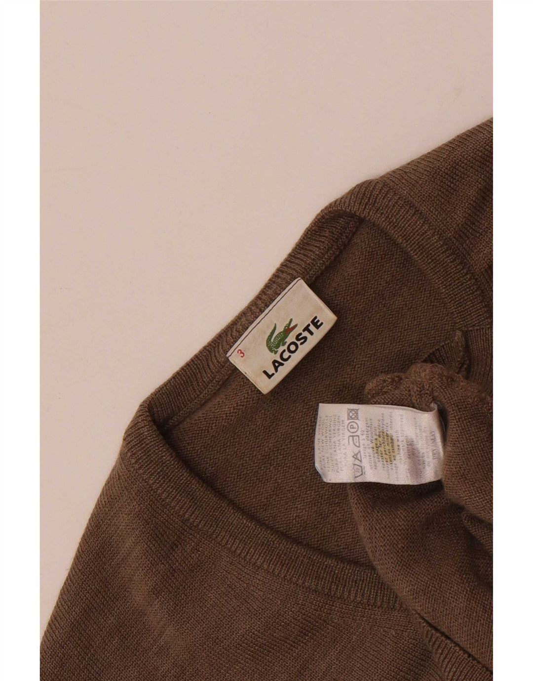 Pulover cu decolteu în V Lacoste pentru bărbați, mărimea 3, lână nouă maro mică