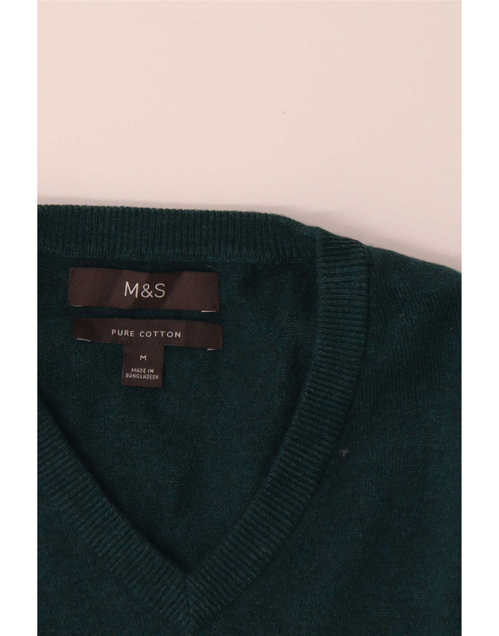 Pulover pentru bărbați Marks & Spencer, cu decolteu în V, din bumbac verde mediu