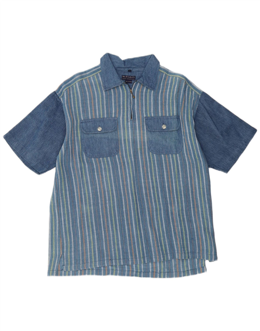VINTAGE Cămașă cu mânecă scurtă pentru bărbați, cu mânecă scurtă, cu dungi albastre medii