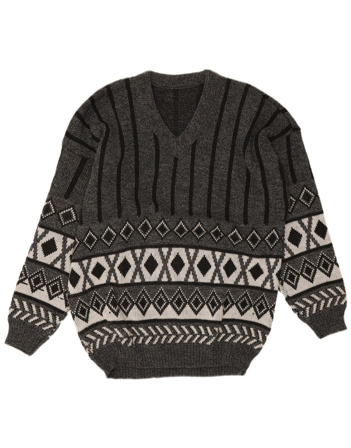 Pulover vintage pentru bărbați cu decolteu în V, gri mediu Argyle/Diamond