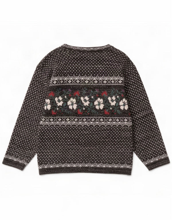 Vintage Pulover cu gât de barcă pentru femei UK 14 Medium Gri Bumbac Floral