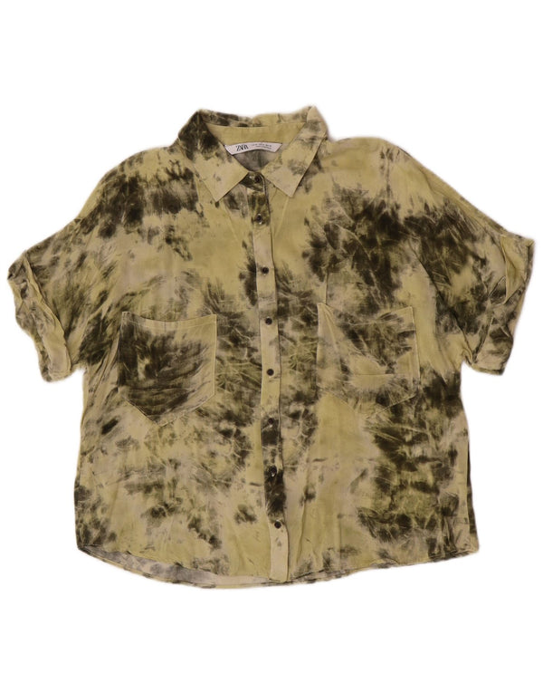 Bluză cămașă cu mânecă scurtă pentru femei Zara UK 14 Medium Khaki Tie Dye Viscoză