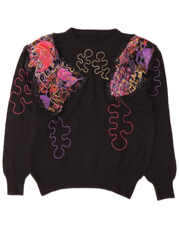 Pulover vintage pentru femei cu model abstract, cu gât rotund, pulover UK 14 mediu negru