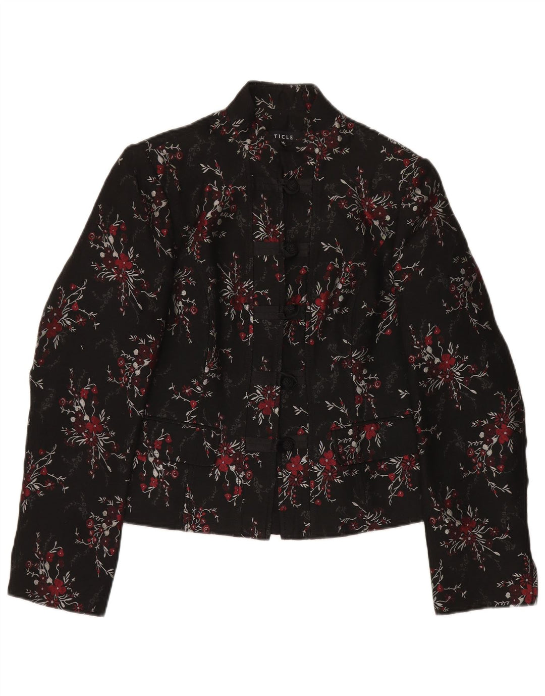 Jachetă vintage pentru femei cu 5 nasturi, UK 14, mare, negru, acetat floral