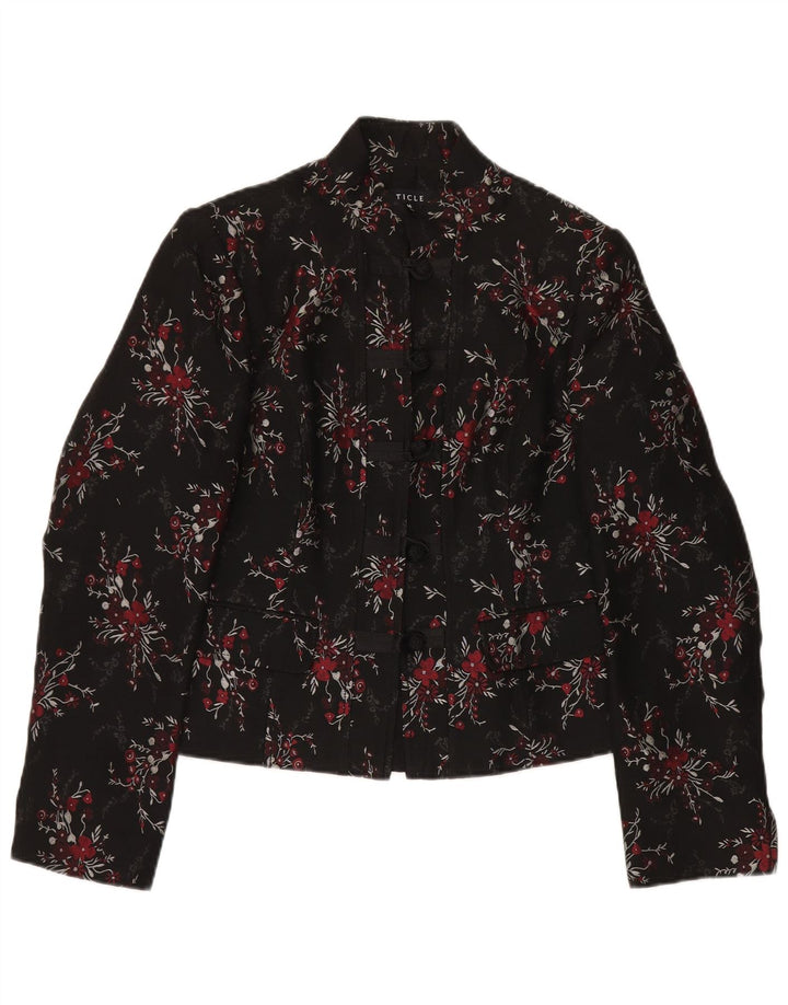 Jachetă vintage pentru femei cu 5 nasturi, UK 14, mare, negru, acetat floral