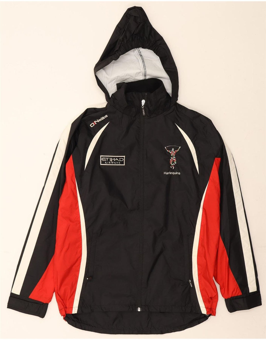 VINTAGE Mens Graphic Hooded Rain Jacket UK 38 Medium Black Colourblock Vintage Vintage and Second-Hand Vintage from Messina Hembry 