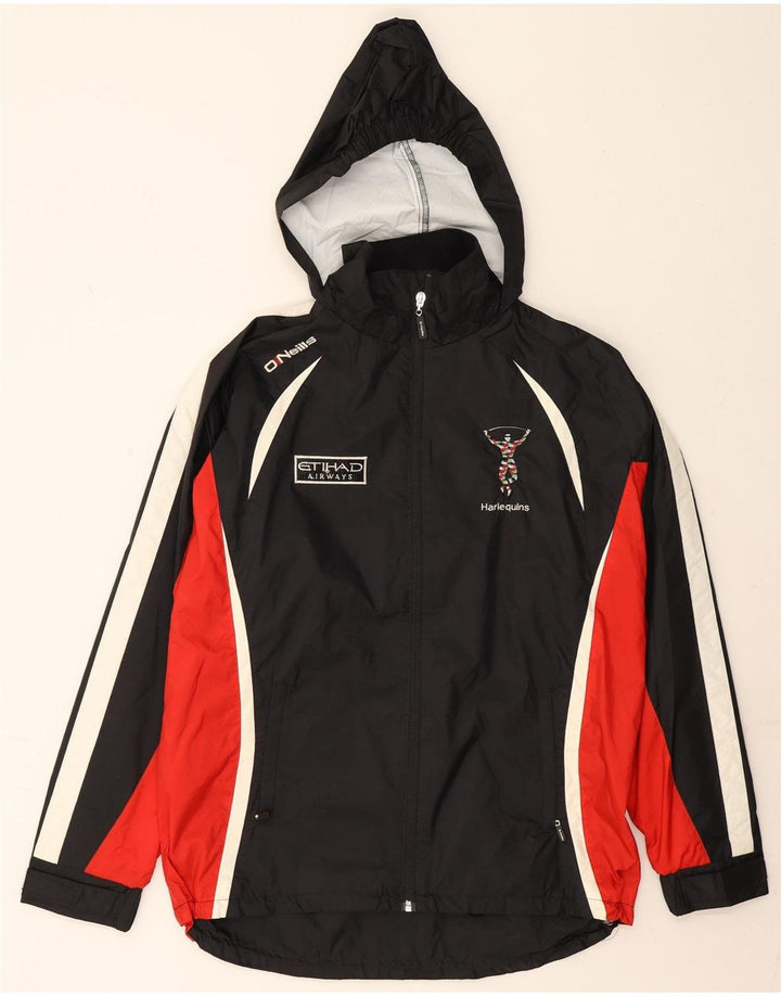 VINTAGE Mens Graphic Hooded Rain Jacket UK 38 Medium Black Colourblock Vintage Vintage and Second-Hand Vintage from Messina Hembry 